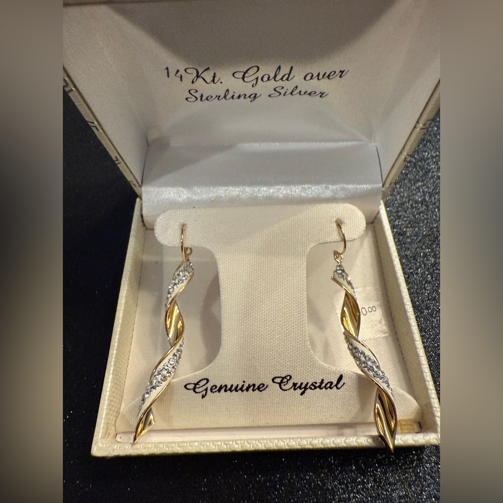 14K Gold Over Sterling Silver Crystal Swirl Earrings. 2” Long. Stunning. New